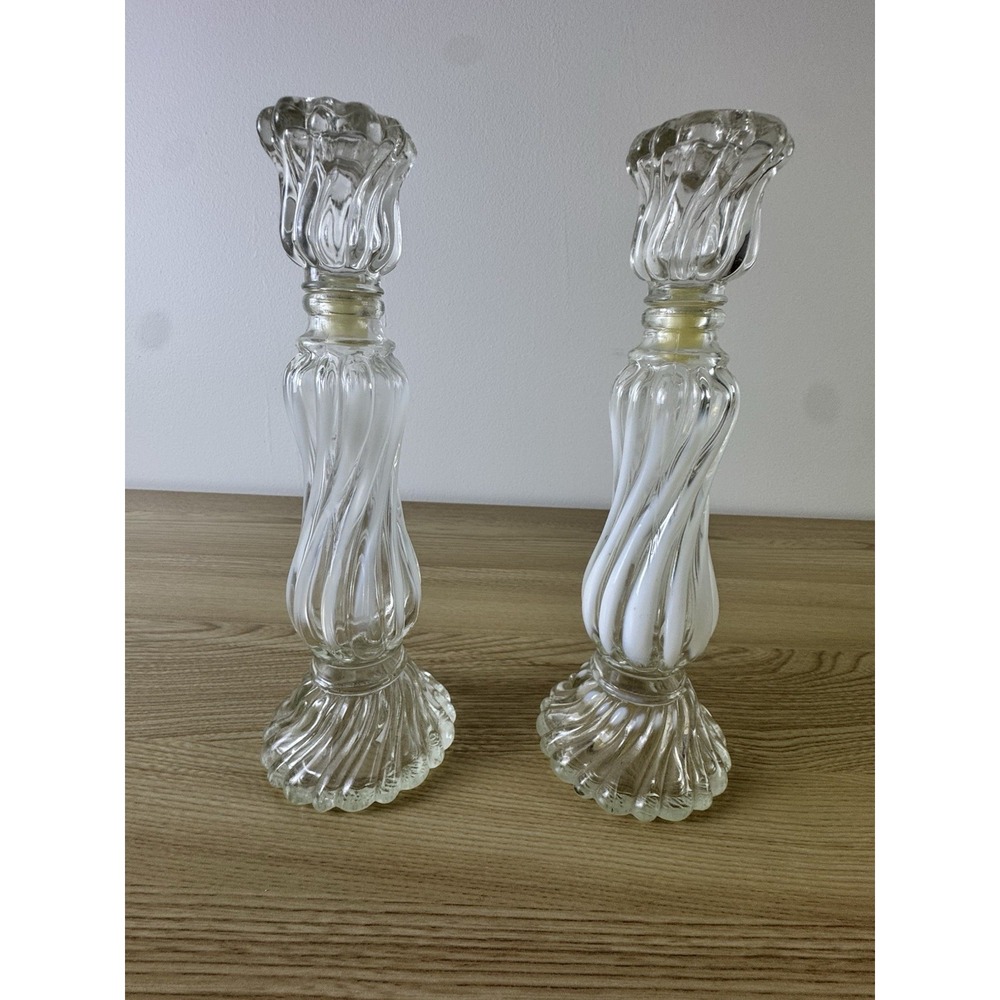 Vintage 1976 Avon Opalique Swirl Glass Candlestick Cologne Bottles Pair
